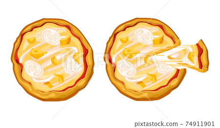 Cheese pizza whole and with a cut piece, cheese stretches appetizingly, with pieces of mozzarella and hard cheese. Cheese pizza whole and with a cut piece, cheese stretches appetizingly, with pieces of mozzarella and hard cheese. 74911901