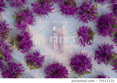 perfume bottle with violet bergamot flower on blue wooden background 74912110