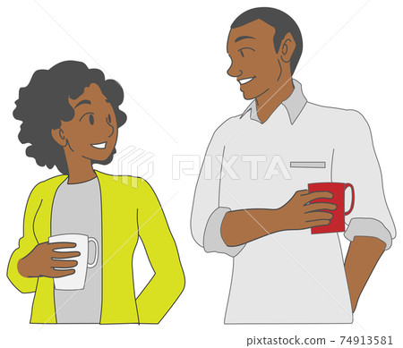 Black couple drinking coffee and smiling Black couple drinking coffee and smiling 74913581
