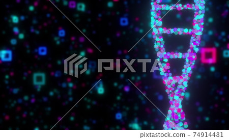 Digital DNA double helix against the colored blurred particles, computer generated. 3d rendering of chemical research background 74914481