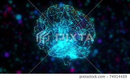 Computer generated artificial intelligence. 3d rendering of the digital brain against the backdrop of colored blurred particles 74914489