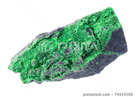 raw stone with Uvarovite crystals on white raw stone with Uvarovite crystals on white 74914588