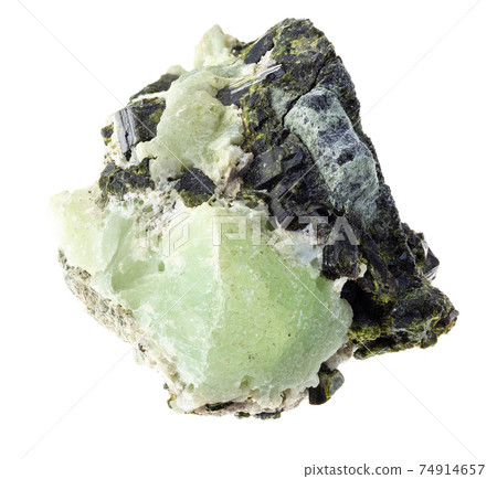 Prehnite raw stones on Epidote crystals on white 74914657
