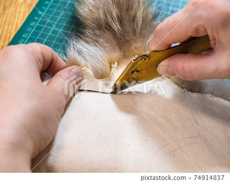 furrier cuts a fur pelt by brass knife furrier cuts a fur pelt by brass knife 74914837