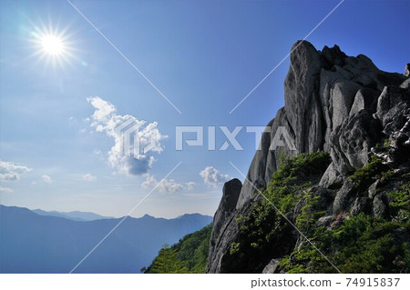 Rock peaks and sun on the summit of Mt. Gaki Rock peaks and sun on the summit of Mt. Gaki 74915837