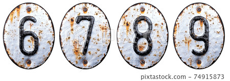 3D render set of numbers 6, 7, 8, 9 made of forged metal on the background fragment of a metal surface with cracked rust. 74915873