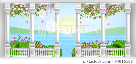 Vector palace balustrade, ancient roman marble balcony with arches, pillars, handrail, blossom 74916198
