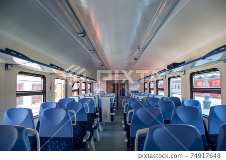 Interior of a suburban train express, Moscow, Russia 74917648