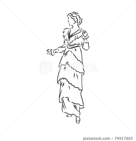 Antique dressed lady. Old fashion vector illustration. Victorian woman in historical dress. Vintage stylized drawing, retro woodcut style 74917883