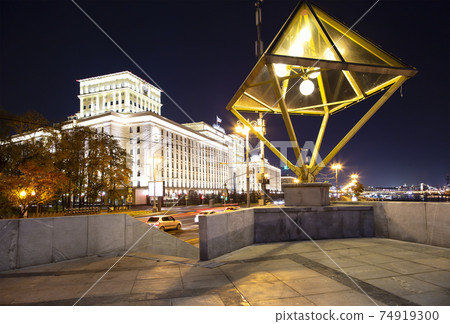 Main Building of the Ministry of Defence of the Russian Federation (Minoboron), at night-- is the governing body of the Russian Armed Forces. Moscow, Russia 74919300