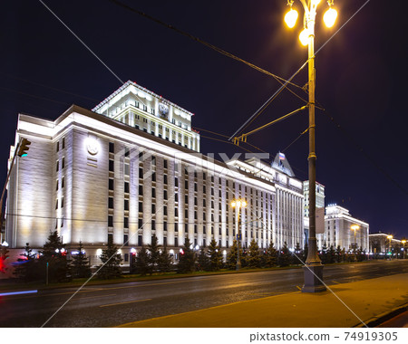 Main Building of the Ministry of Defence of the Russian Federation (Minoboron), at night-- is the governing body of the Russian Armed Forces. Moscow, Russia 74919305