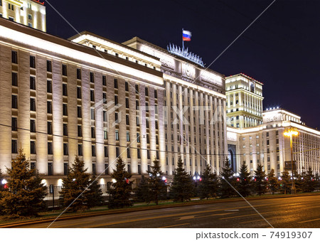Main Building of the Ministry of Defence of the Russian Federation (Minoboron), at night-- is the governing body of the Russian Armed Forces. Moscow, Russia 74919307
