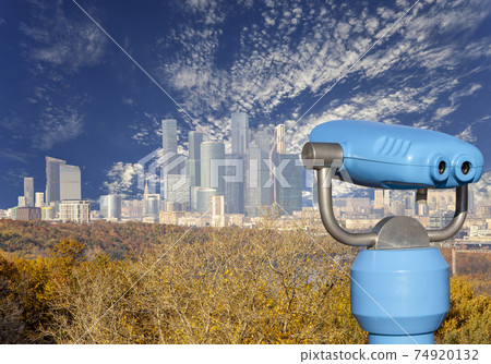 Touristic telescope viewer (binoculars) and view of central Moscow from Sparrow Hills or Vorobyovy Gory observation (viewing) platform 74920132