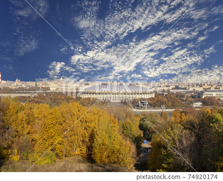 view of central Moscow from Sparrow Hills or Vorobyovy Gory observation (viewing) platform-- is on a steep bank 85 m above the Moskva river, or 200 m above sea level. Moscow, Russia 74920174