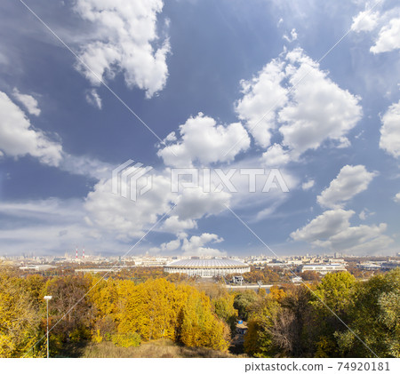 view of central Moscow from Sparrow Hills or Vorobyovy Gory observation (viewing) platform-- is on a steep bank 85 m above the Moskva river, or 200 m above sea level. Moscow, Russia 74920181