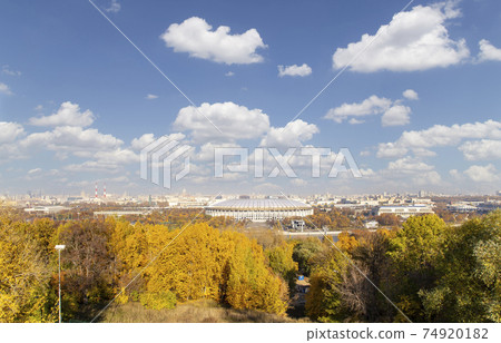 view of central Moscow from Sparrow Hills or Vorobyovy Gory observation (viewing) platform-- is on a steep bank 85 m above the Moskva river, or 200 m above sea level. Moscow, Russia 74920182