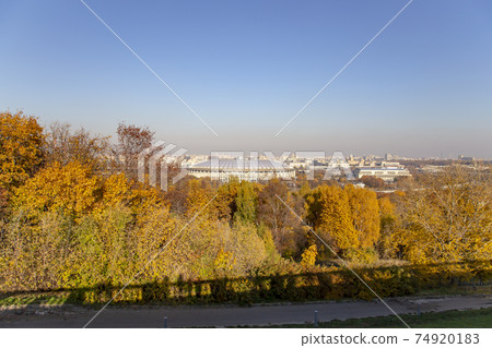 view of central Moscow from Sparrow Hills or Vorobyovy Gory observation (viewing) platform-- is on a steep bank 85 m above the Moskva river, or 200 m above sea level. Moscow, Russia 74920183