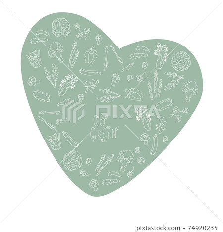 Go green sign with green vegetables frame. Handwritten lettering fresh font. No pattern. Vector stock illustration isolated on white background. Go green sign with green vegetables frame. Handwritten lettering fresh font. No pattern. Vector stock illustration isolated on white background. 74920235