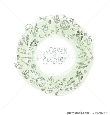Green Easter sign with green vegetables frame. Handwritten lettering fresh font. No pattern. Vector stock illustration isolated on white background. Green Easter sign with green vegetables frame. Handwritten lettering fresh font. No pattern. Vector stock illustration isolated on white background. 74920236