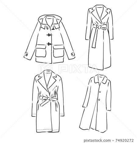 Trench coat icon. Fashion garment symbol. Technical drawing of garment for design, logo, advertising banner. coat vector sketch illustration Trench coat icon. Fashion garment symbol. Technical drawing of garment for design, logo, advertising banner. coat vector sketch illustration 74920272