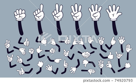 Cartoon hands. Comic arms with four and five fingers in white glove with various gestures, cartoon character body parts. Isolated vector set 74920793