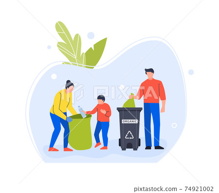 People family volunteers collect plastic and organic garbage 74921002