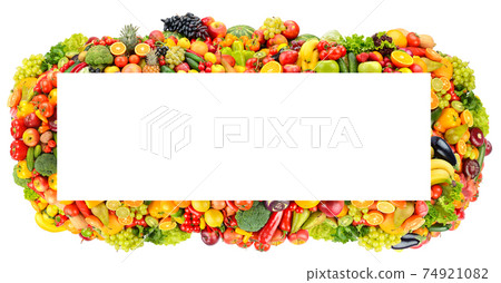 Rectangular wide frame colorful fruits, vegetables and berries isolated on white 74921082