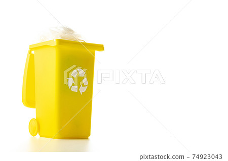 Recycled plastic. Bin container for disposal garbage waste and save environment. Yellow dustbin for recycle paper and glass can trash isolated on white background. 74923043