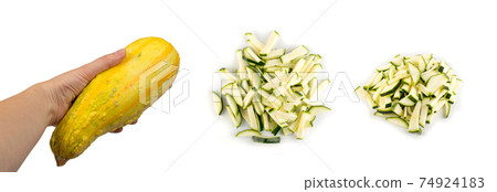 Decorative yellow courgette, cucumber or pumpkin close up 74924183