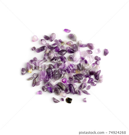 Amethyst crystals isolated. Purple quartz pebbles and crystal 74924268