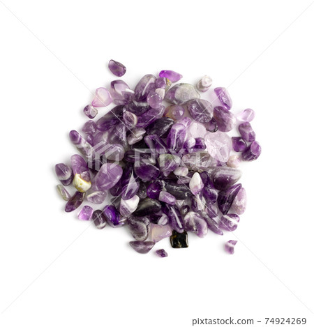 Amethyst crystals isolated. Purple quartz pebbles and crystal 74924269