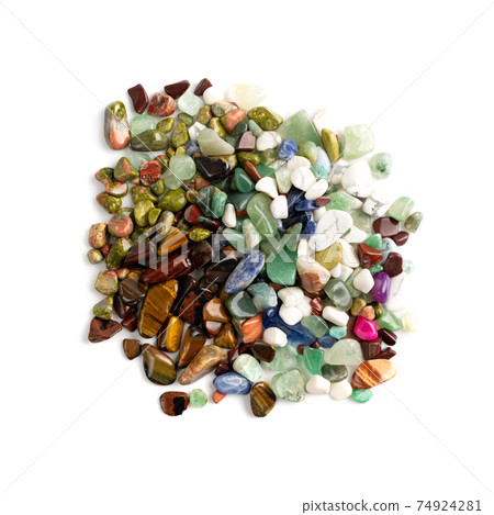 Colorful semiprecious stones mix, pebbles collection isolated Colorful semiprecious stones mix, pebbles collection isolated 74924281