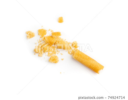 Crunchy Wafer Sticks Crumbs Isolated on White Background Crunchy Wafer Sticks Crumbs Isolated on White Background 74924714