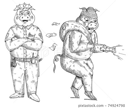Pig with paws crossed dressed in police uniform. Vintage monochrome hatching Pig with paws crossed dressed in police uniform. Vintage monochrome hatching 74924798
