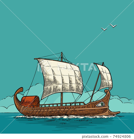 Drakkar floating on the sea waves 74924806