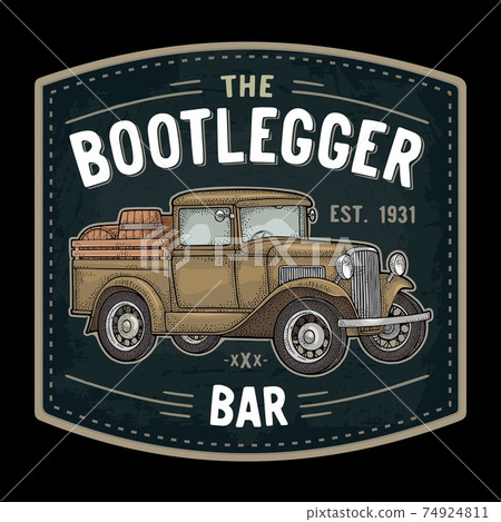 Retro pickup truck with wood barrel. Bootlegger lettering. Vintage engraving Retro pickup truck with wood barrel. Bootlegger lettering. Vintage engraving 74924811