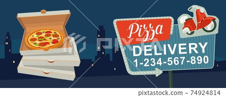 Retro night sign with an arrow. Billboard in retro style with lights. Delivery pizza on red moped. Isolated vector flat illustration on city night background. For banner, poster, presentation Retro night sign with an arrow. Billboard in retro style with lights. Delivery pizza on red moped. Isolated vector flat illustration on city night background. For banner, poster, presentation 74924814