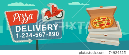 Retro night sign with an arrow. Billboard in retro style with lights. Delivery pizza on red moped. Isolated vector flat illustration on city background. For banner, poster, presentation 74924815
