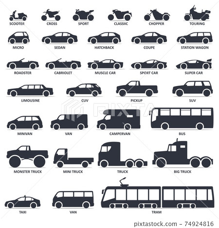 Car, motorcycle and public transport type icons set. Title models moto, automobile 74924816