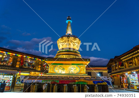 Scene of Guishan Temple at twilight time, Shangri La, Yunnan, China. Tourist and travel, buddhist and tibetan culture concept 74930351