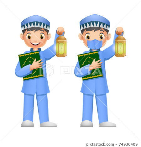 Happy muslim boy holding quran book with ramadan lantern and wearing face mask Happy muslim boy holding quran book with ramadan lantern and wearing face mask 74930409