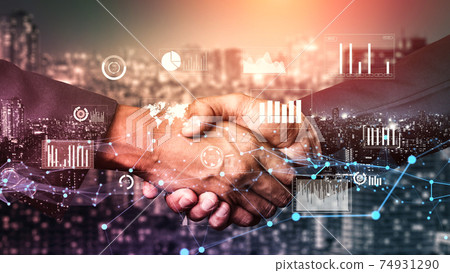 Imaginative visual business handshake with computer graphic of investment data 74931290