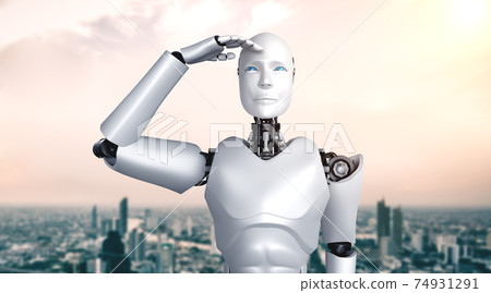 3D illustration robot humanoid looking forward against cityscape skyline 74931291