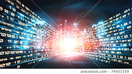 Digital data flow on road with motion blur to create vision of fast speed transfer 74931339