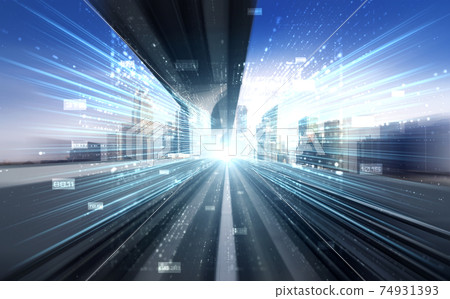 Digital data flow on road with motion blur to create vision of fast speed transfer Digital data flow on road with motion blur to create vision of fast speed transfer 74931393