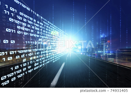 Digital data flow on road with motion blur to create vision of fast speed transfer 74931405