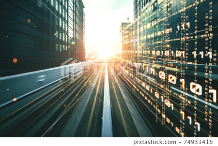 Digital data flow on road with motion blur to create vision of fast speed transfer Digital data flow on road with motion blur to create vision of fast speed transfer 74931418