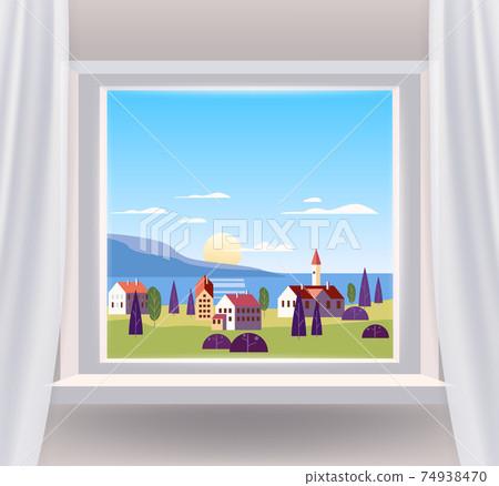 Open window interior home with a sunset sea ocean landscape, town, houses, mountains, trees, exotic. Tropic summer landscape from view the window with curtains. Vector illustration Open window interior home with a sunset sea ocean landscape, town, houses, mountains, trees, exotic. Tropic summer landscape from view the window with curtains. Vector illustration 74938470