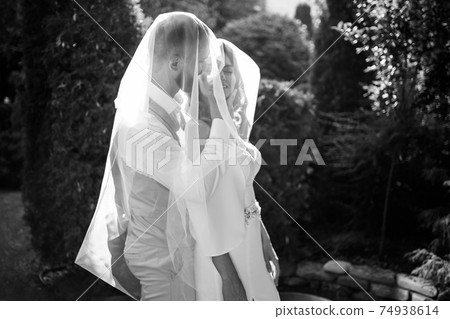 under the veil Happy and beautiful bride and groom gently cuddle in the park under the veil Happy and beautiful bride and groom gently cuddle in the park 74938614