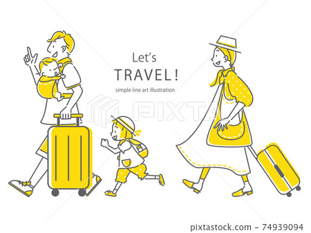 Simple and fashionable line art illustrations for a family of four traveling happily 74939094